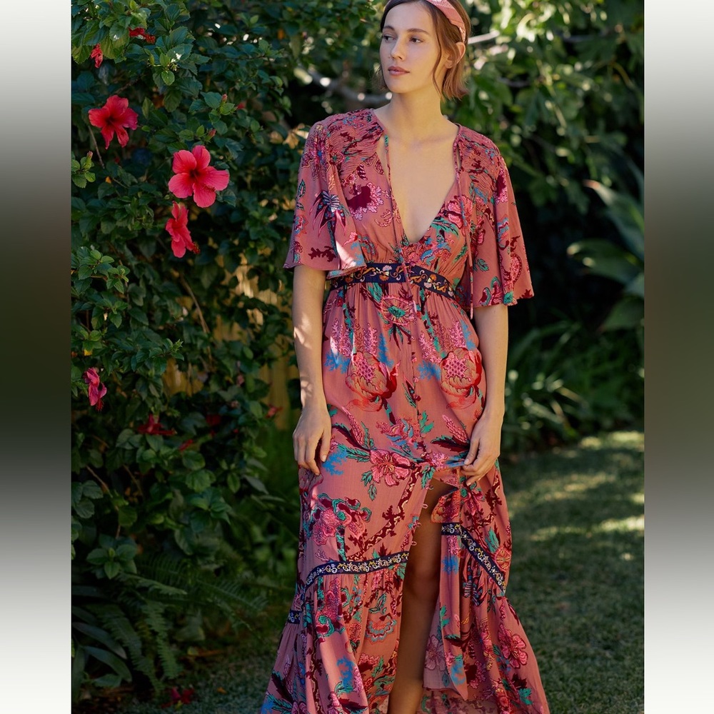 NWOT- Ruffled Embroidered Maxi Dress
